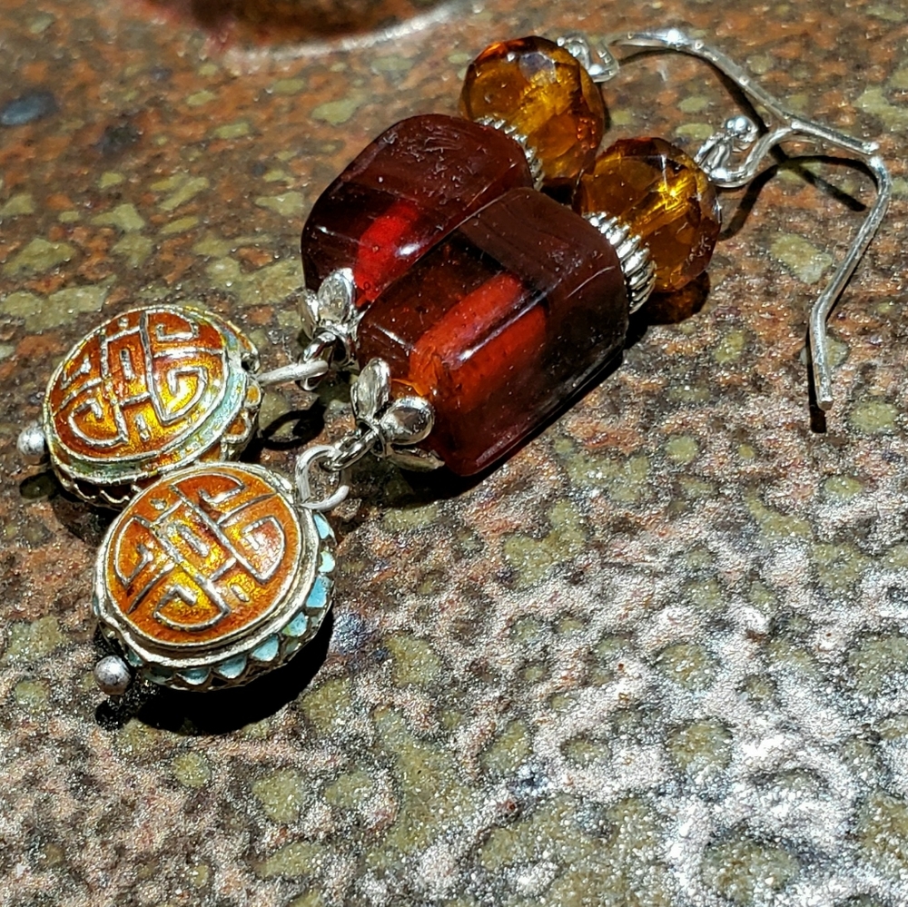 Ruby and Amber Sunset Handcrafted Earrings